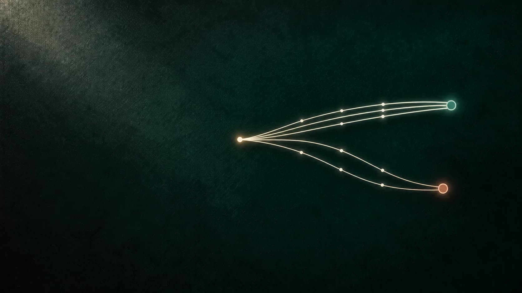 Five glowing paths leave one point; three arrive together at a green node, two drift to a separate red node