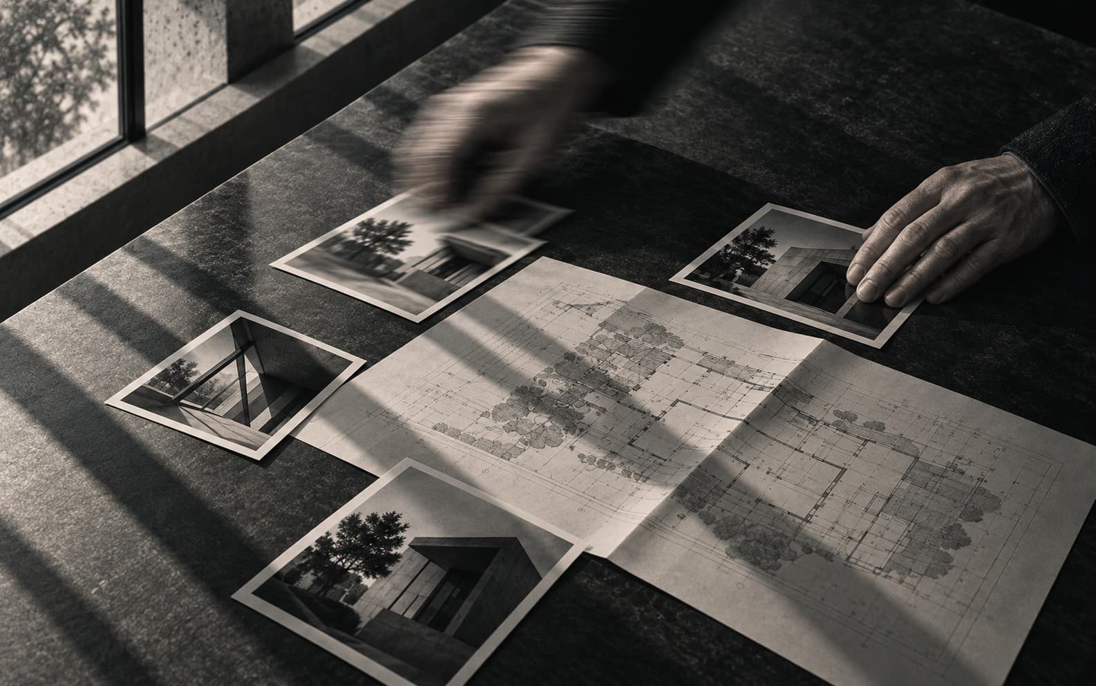 Hands arranging property photographs around a floor plan on a desk in window light