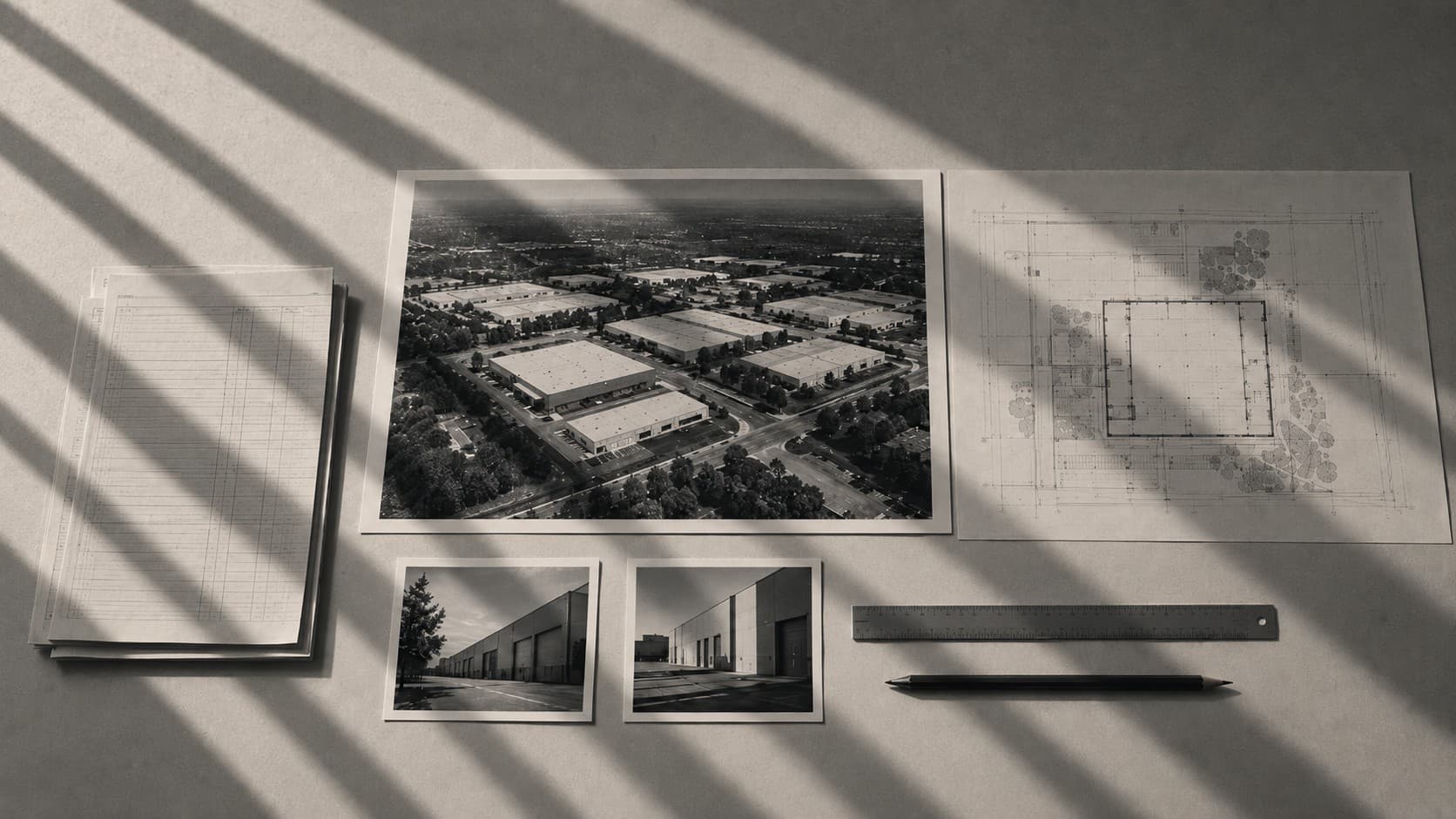 Overhead view of a commercial property case file: aerial photograph, floor plan, ledger pages