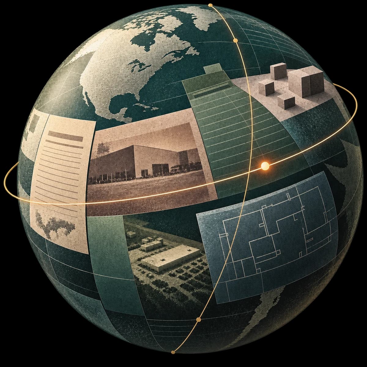 A globe whose surface is tiled with underwriting materials: a submission form, an inspection photograph, a loss ledger, a floor plan and system blocks, with an agent tracing an orbit around it