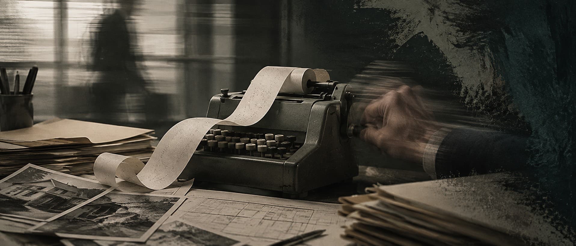 A hand cranking a vintage adding machine as paper tape spills across claim folders and property photographs